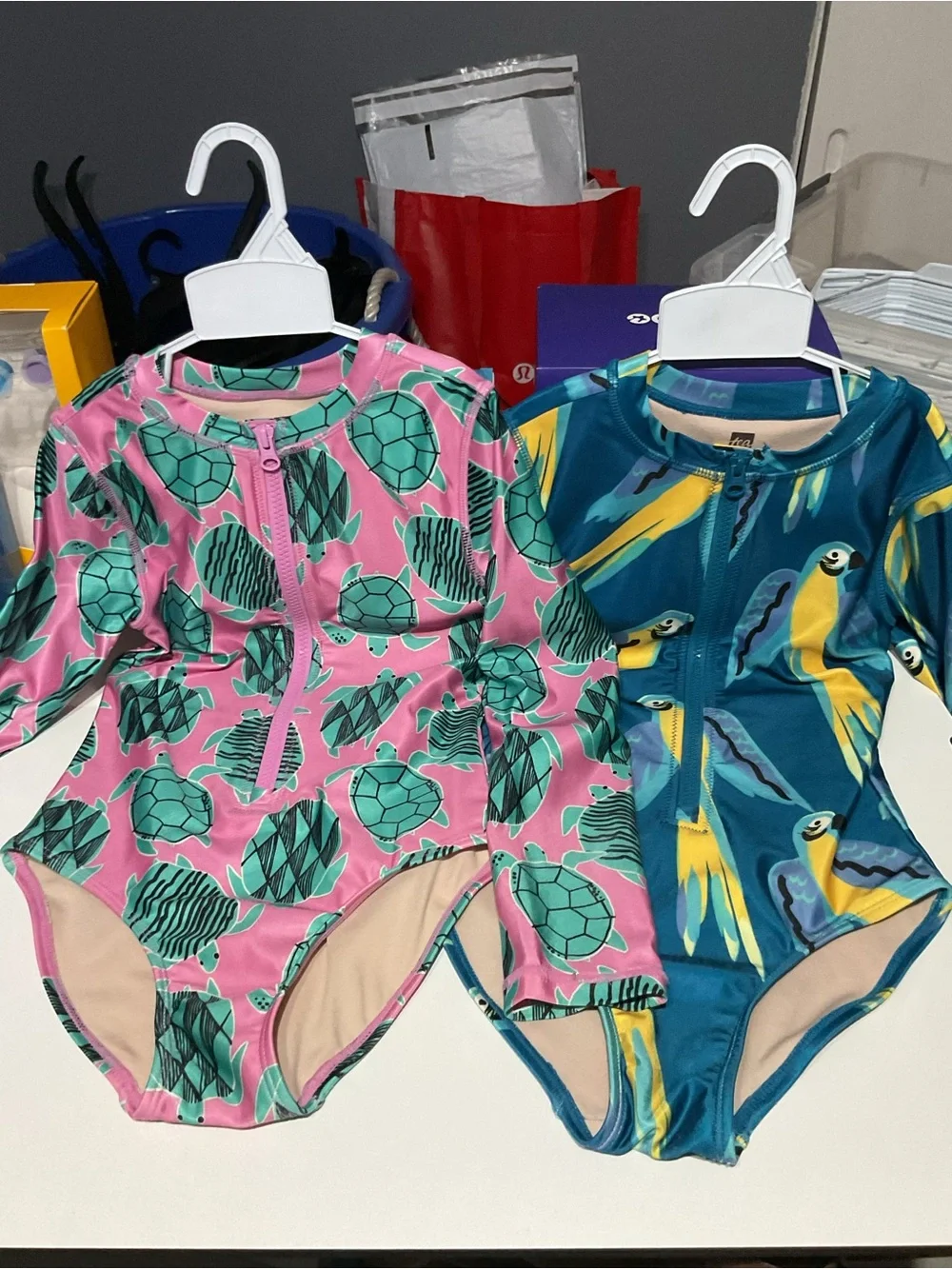 Kids Long Sleeve One-Piece Swimsuit - Pink Turtle Print Blue parrot swimsuit